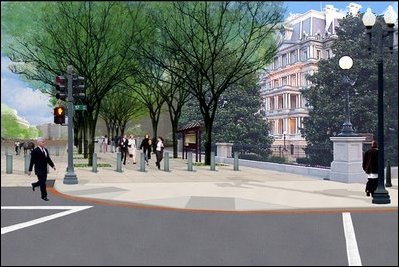 View looking towards the EEOB from the 17th Street and Pennsylvania Avenue southern crosswalk.