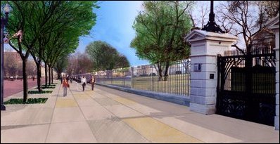 View looking east from the southern sidewalk in front of the White House, note the restored trees along the left side (missing for over 20 years).