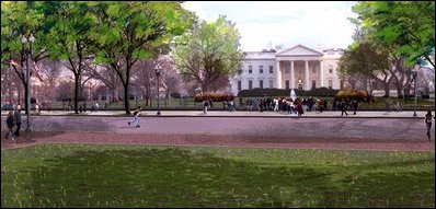 View looking south from Lafayette Square across Pennsylvania Avenue at the White House.