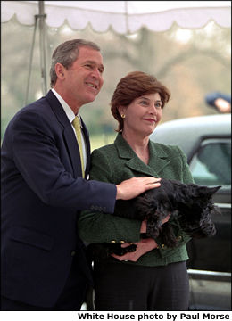 President Bush and Laura Bush are pictured with Barney at the South Portico Entrance of the White House. White House photo by Paul Morse.