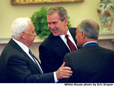 President Bush meets with Prime Minister Ariel Sharon of Israel in the Oval Office. White House photo by Eric Draper.