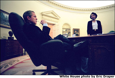 President Bush meets with National Security Adviser Condoleezza Rice in the Oval Office, regarding his statement on plans for release of the United States Navy Aircraft crew members in China. White House photo by Eric Draper.