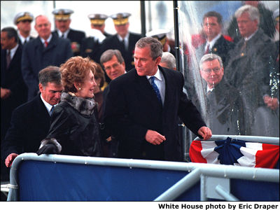 President Bush talks with former First Lady Nancy Reagan at the Christening Ceremony for the U.S.S. Ronald Reagan at the Newport News Shipbuilding in Virginia. White House photo by Eric Draper.