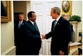 On the eve of the war in Iraq, President Bush meets with President Paul Biya of Cameroon for a bilateral meeting and dinner at the White House Thursday, March 20, 2003. The President congratulated President Biya on Cameroon's successful record of reform, and encouraged him to continue to tackle sensitive issues, such as governance and privatization. President Bush praised Biya for his leadership to resolve the Bakassi dispute peacefully. President Biya has been supportive of U.S. effort to combat international terrorism.