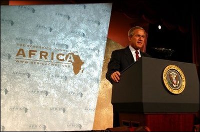 President George W. Bush addresses the Corporate Council on Africa's U.S.- Africa Business Summit in Washington, D.C., Thursday, June 27, 2003. "All of us here today share some basic beliefs. We believe that growth and prosperity in Africa will contribute to the growth and prosperity of the world. We believe that human suffering in Africa creates moral responsibilities for people everywhere. We believe that this can be a decade of unprecedented advancement for freedom and hope and healing and peace across the African continent," President Bush said. 