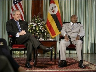 President George W. Bush meets with President Yoweri Museveni of Uganda Friday, July 11, 2003 in Entebbe, Uganda. 