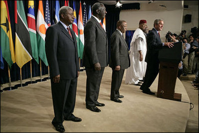 Standing with the Presidents of Botswana, Ghana, Namibia, Mozambique and Niger, President Bush discussed the African Growth and Opportunity Act, AGOA, in the Dwight D. Eisenhower Executive Office Building Monday, June 13, 2005. "All of us share a fundamental commitment to advancing democracy and opportunity on the continent of Africa," said the President. "And all of us believe that one of the most effective ways to advance democracy and deliver hope to the people of Africa is through mutually beneficial trade." 