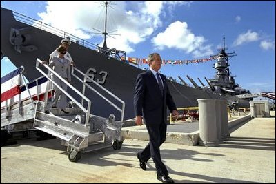President George W. Bush and First Lady Laura Bush tour the USS Missouri in Honolulu, Hawaii, Thursday, Oct. 23, 2003.