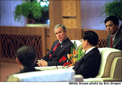 President Bush talks with China's Vice President Hu Jintao at Tsinghua University in Beijing, Friday, Feb. 22, 2002. White House photo by Eric Draper.