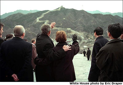 President Bush and Mrs. Bush tour the Great Wall of China, Friday, Feb. 22, 2002, in Badaling, China. President Richard Nixon visited the same Badaling area of the wall during his trip to China. 