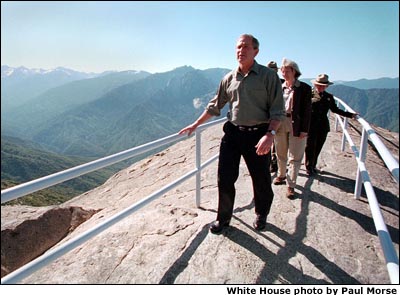 President George W. Bush tours Moro Rock in the Sequoia National Park during a visit to California. White House photo by Paul Morse.