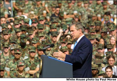 President George W. Bush speaks to marines at Camp Pendelton, California about energy conservation. White House photo by Paul Morse.