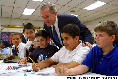 President Bush visits with students in Connecticut. White House photo by Paul Morse.