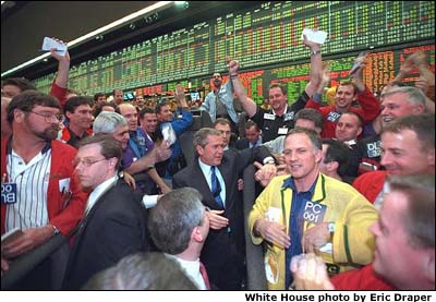 President Bush shakes hands with workers at the Chicago Mercantile Exchange. White House photo by Eric Draper.