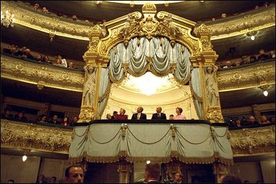 President Bush and Mrs. Bush attend a performance of “The Nutcracker” at Mariinsky Theater May 25. Also known as the Kirov, the theater is noted for its ballets.