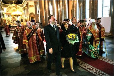 President Bush and Mrs. Bush visit Kazan Cathedral in St. Petersburg May 26. Inspired by St. Peter's Basilica in Rome, the cathedral was completed in 1801.
