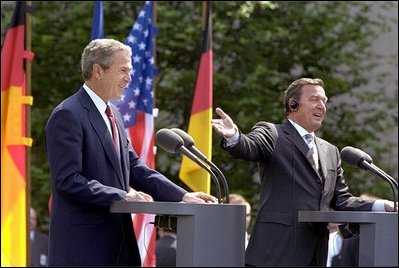 President George W. Bush and German Chancellor Schroeder conduct a joint press conference in Berlin May 23. "Germany is an incredibly important ally to the United States of America," said President Bush. "We respect the German people. We appreciate democracy in this land. We appreciate the struggles that Germany has gone through. And we value the friendship going forward."