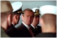 President George W. Bush meets with military personnel aboard the USS Enterprise in Norfolk, Va., Dec. 7, 2001. "When America looks at you, the young men and women who defend us today, we are grateful," said the President. "On behalf of the people of the United States, I thank you for your commitment, your dedication and your courage."