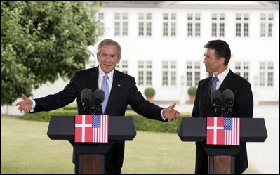 President George W. Bush and Danish Prime Minister Anders Fogh Rasmussen hold a joint press conference at his summer residence in Marienborg in Kongens Lyngby, Denmark, Wednesday, July 6, 2005.  "Over a million people die of malaria on the continent of Africa on an annual basis, most of whom are under five years old," said the President talking about some of the issue that will be discussed at the G8 Summit. "This is a problem we can solve. I laid out an initiative the other day for $1.2 billion to help eradicate the scourges of malaria on the continent of Africa."