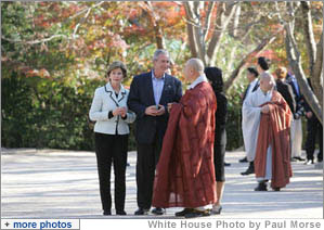 President George W. Bush and Laura Bush are welcomed to Bulguksa Temple by Juji Sunim, the chief monk, during their visit Thursday, Nov. 17, 2005, to Gyeongju, Korea.