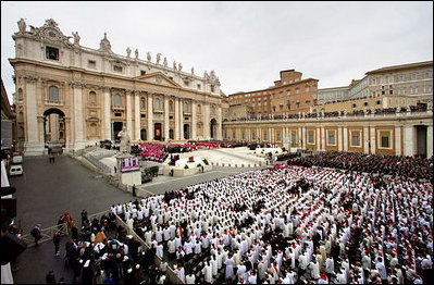 Thousands of mourners attend a funeral mass Friday, April 8, 2005, inside St. Peter's Square for Pope John Paul II, who died April 9 at the age of 84.