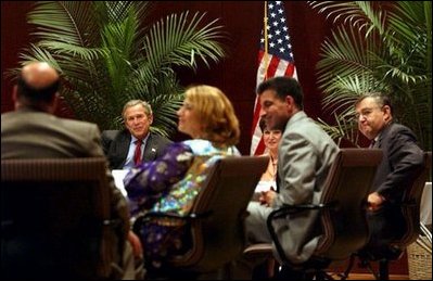 President George W. Bush meets with Iraqi-Americans for a roundtable discussion about the future of Iraq in Dearborn, Mich., Monday, April 28, 2003. 