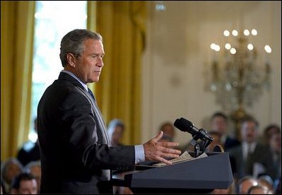 President George W. Bush discusses his Global HIV/AIDS Initiative in the East Room Tuesday, April 29, 2003. "Today, on the continent of Africa alone nearly 30 million people are living with HIV/AIDS, including 3 million people under the age of 15 years old. In Botswana, nearly 40 percent of the adult population -- 40 percent -- has HIV, and projected life expectancy has fallen more than 30 years due to AIDS," said the President. 