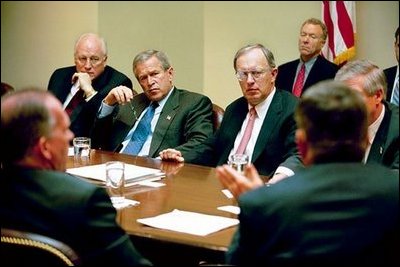 President George W. Bush participates in a homeland security briefing with Vice President Dick Cheney, left, and newly-appointed Homeland Security Advisor General John Gordon, center, in the Roosevelt Room Tuesday, April 29, 2003.