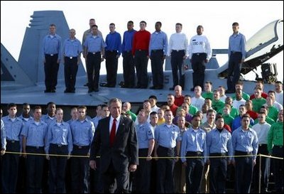 President George W. Bush on the flight deck of the USS Abraham Lincoln before addressing the nation May 1, 2003.
