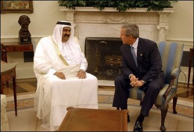 President George W. Bush meets with Amir Hamad bin Khalifa Al Thani of Qatar in the Oval Office Thursday, May 8, 2003. "I would like to thank the President very much for his gracious invitation for me to come and meet with him here at the White House," said the Amir during the two leaders' address to the media. "We in Qatar are very keen to have a very unique and strong and distinct relationship with the United States, a relationship that it is transparent."