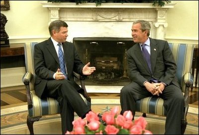President George W. Bush meets with the Prime Minister Kjell Magne Bondevik of Norway in the Oval Office Friday, May 16, 2003.