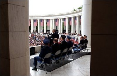 President George W. Bush gives a Memorial Day address at Arlington National Cemetery. Monday, May 26, 2003. 