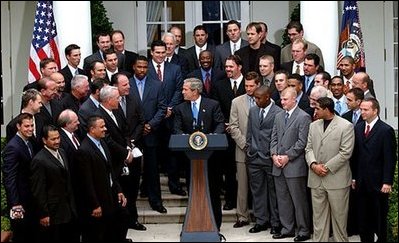 President George W. Bush welcomes the 2002 World Series Champion Anaheim Angels to the Rose Garden Tuesday, May 27, 2003.