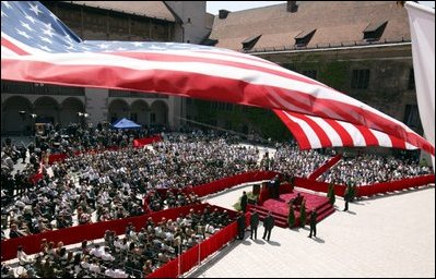  President George W. Bush delivers his speech in the courtyard of the Wawel Royal Palace in Krakow, Poland, Saturday, May 31, 2003.