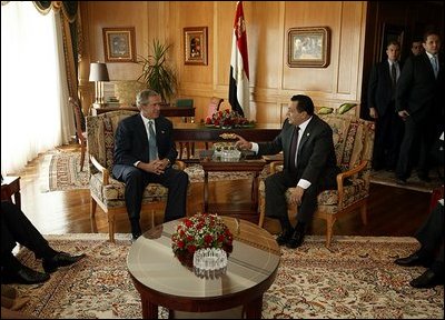  President George W. Bush and President Hosni Mubarak of Egypt during a meeting at the Red Sea Summit in Sharm El Sheikh, Egypt June 3, 2003.