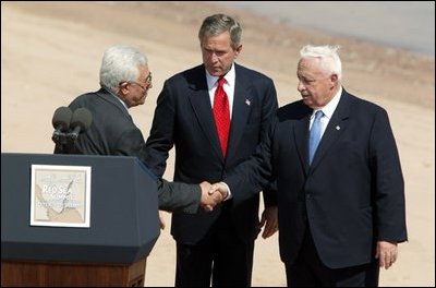  Palestinian Prime Minister Mahmoud Abbas, President George W. Bush and Israeli Prime Minister Ariel Sharon after reading statement to the press during the closing moments of the Red Sea Summit in Aqaba, Jordan Jun 4, 2003.