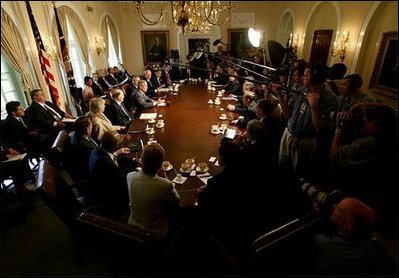 President George W. Bush addresses the media during a Cabinet Meeting in the Cabinet Room Monday, June 9, 2003. The President discussed his recent trip overseas and several domestic issues. 