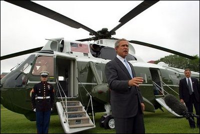 President George W. Bush condemns the bombing in Jerusalem upon his departure from Grant Park in Chicago Wednesday, June 11, 2003. The President visited Chicago to address the Illinois State Medical Society. 