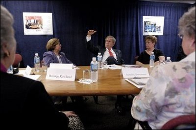 President George W. Bush speaks to seniors during a roundtable discussion about Medicare at New Britain General Hospital in New Britain, Conn., Thursday, June 12, 2003. 
