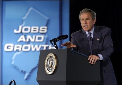 President George W. Bush speaks to the small business community in Elizabeth, N.J., Monday, June 16, 2003. "I want to herald the entrepreneurs. I want to say thanks to those who have taken risks," said the President in his remarks. "And I want to remind our fellow citizens that in order for our economy to recover we must remember the strength and the importance of the small business owner in America." 