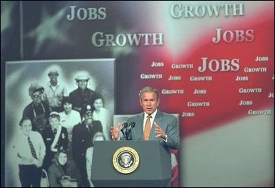 President George W. Bush discusses employment training at Northern Virginia Community College in Annandale, Va., Tuesday, June 17, 2003. "We want an educated work force, to keep this country the most productive in the world," said the President. "And with the right focus and the right policies out of the United States Congress, this is an objective that I'm confident we can achieve."