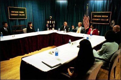 President George W. Bush holds a roundtable discussion on unemployment training at Northern Virginia Community College in Annandale, Va., Tuesday, June 17, 2003. 