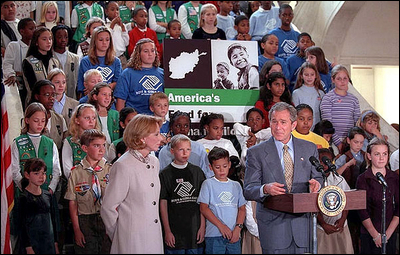 President George W. Bush speaks at an assembly of children and civic leaders contributing to America's Fund for Afghan Children at the American Red Cross in Washington, D.C.