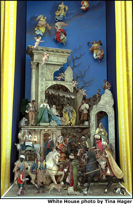 A mainstay of White House Christmas decorations is the 18th century crèche that was donated to the White House by Mrs. Charles W. Engelhard, Jr. of Far Hills, New Jersey in 1967. On display in the East Room, the crèche was made in Naples, Italy of terra cotta and carved wood. White House photo by Tina Hager