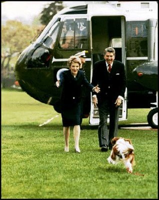 After returning to the White House, President Ronald Reagan (1981-89) and his wife Nancy receive a warm greeting from Rex, their King Charles spaniel.