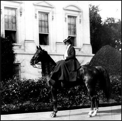 Alice Roosevelt rides on her horse on the White House lawn, June 17, 1902.