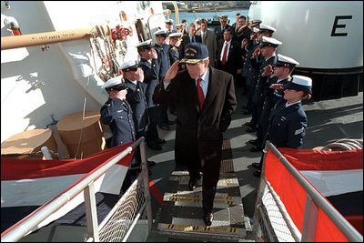 President Bush salutes as he disembarks the ship after his tour Jan. 25. "When it comes to securing our homeland, and helping people along the coast, the Coast Guard has got a vital and significant mission," said the President in his remarks at nearby Southern Maine Technical College. "And, therefore, the budget that I send to the United States Congress will have the largest increase in spending for the Coast Guard in our nation's history." 