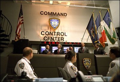President George W. Bush visits the New York City Command and Control Center Feb. 6, 2002. "It is important that New York City be vibrant and strong," said the President during his visit. "It's important when people not only here at home, but around the world, look at this fantastic city, they see economic vitality and growth. I'm confident we can recover together."