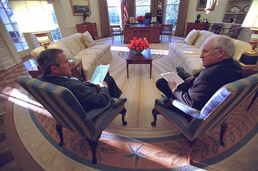 President George W. Bush and Vice President Richard Cheney meet in the Oval Office. White House photo by David Bohrer.