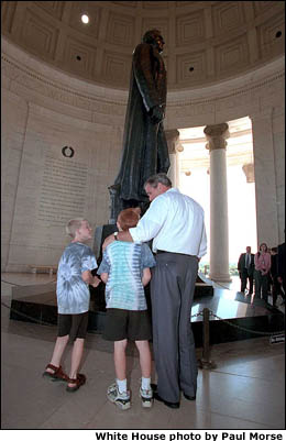 President Bush visited the Jefferson Memorial on July 2, 2001 as part of the beginning of Independence Day celebrations. The President greeted these two boys and other visitors to the memorial dedicated to President Thomas Jefferson, who is credited with drafting the Declaration of Independence. Two days later, President Bush visited Independence Hall in Philadelphia, the site of the adoption of the Declaration of Independence by the Continental Congress on July 4, 1776. White House photo by Paul Morse